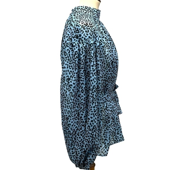 ASOS Blue Animal Print Belted Puff Sleeve Sheer Blouse - Picture 8 of 13